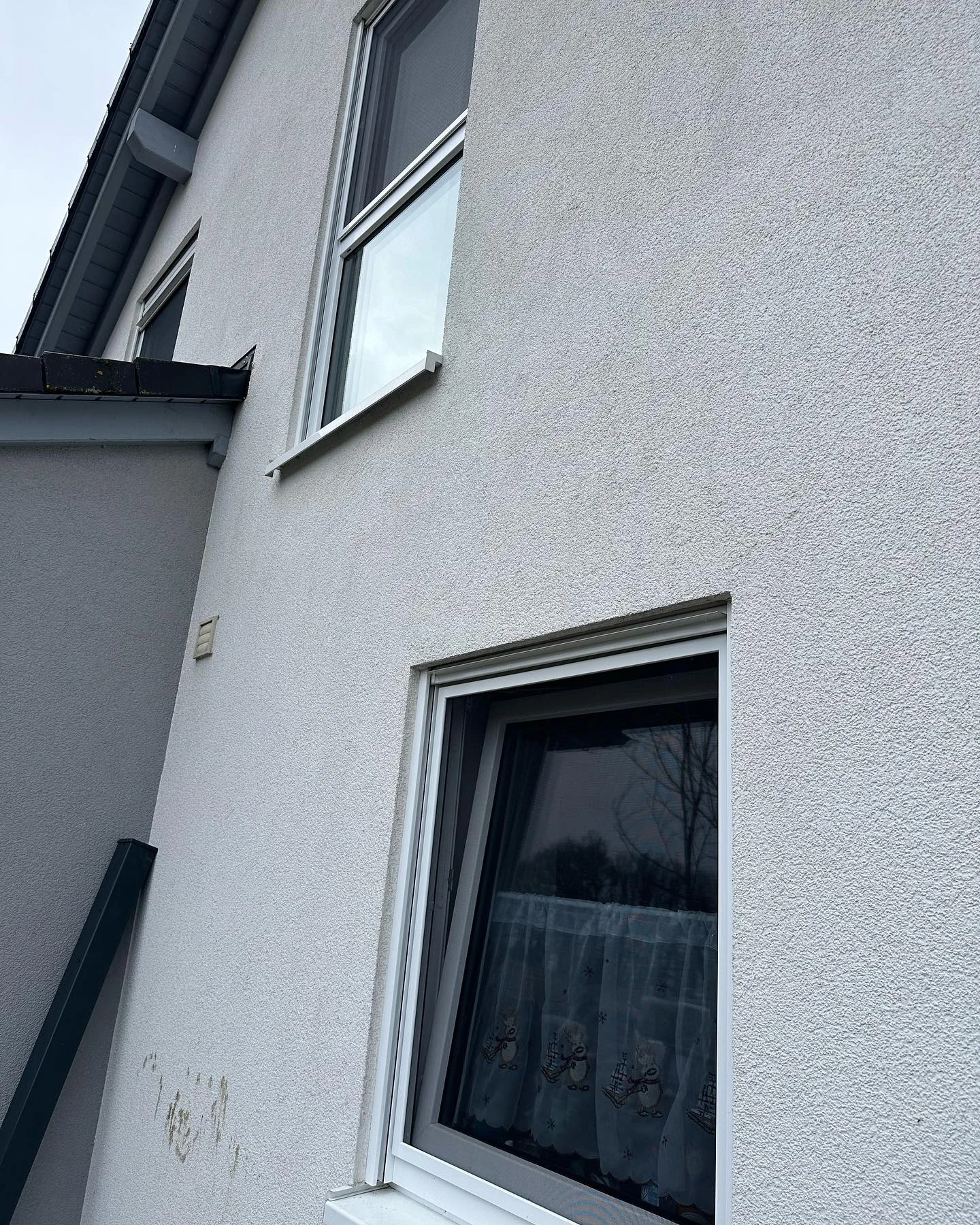 Insektenschutz-Spannrahmen an Fenstern einer Hausfassade